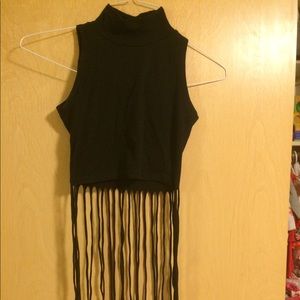 Black crop fringe top